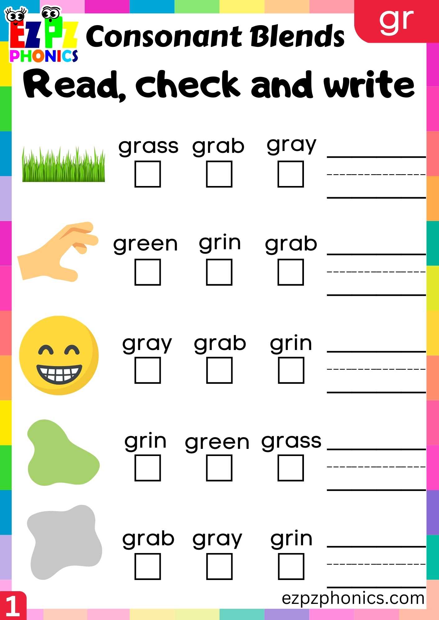 Group1 GR Words Read, Check And Write Phonics Consonant Blends Worksheet